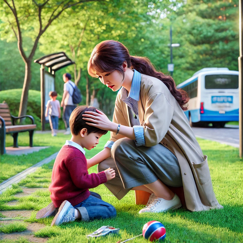 부모가 공원에서 장난감을 떨어뜨리고 실망한 아이를 껴안으며 격려하는 장면. 따뜻하고 위로하는 분위기