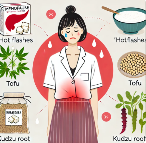 여성의 안면홍조 증상과 그 증상완화를 위해 추천되는 식품들의 모습