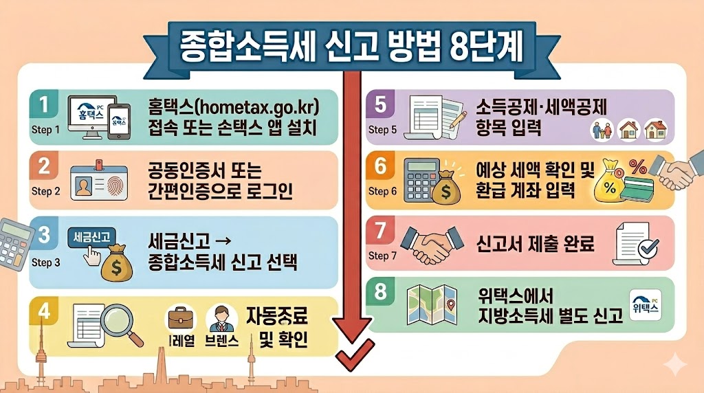 2026 종합소득세 신청방법 8단계 가이드. 홈택스(hometax.go.kr) 접속, 간편인증 로그인, 신청 메뉴 선택, 소득 자료 조회, 공제 항목 입력, 환급 계좌 입력, 신청서 제출, 지방소득세 별도 신청까지의 전 과정을 시각화한 인포그래픽 이미지