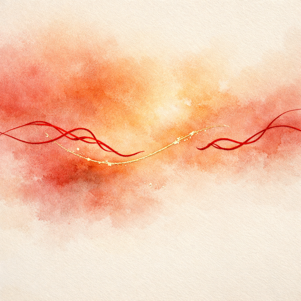 2026 병오년 인간관계 재편을 상징하는 붉은 실이 조용히 분리되는 감성 수묵 일러스트