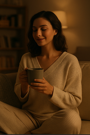 잠들기전 스마트폰 사용대신 따뜻한 차와 명상하는 모습
