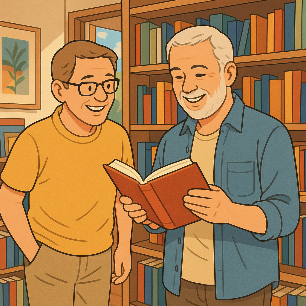 독립서점에서 책을 고르고 조용히 웃는 풍경