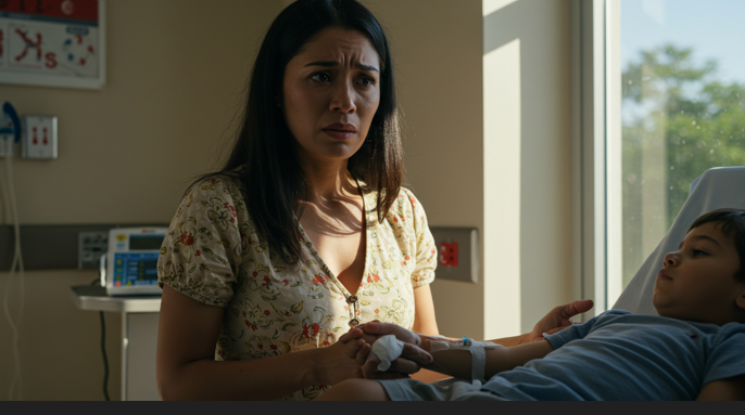 여름철 식중독 증상으로 고통받는 아이의 모습을 설명하는 일러스트