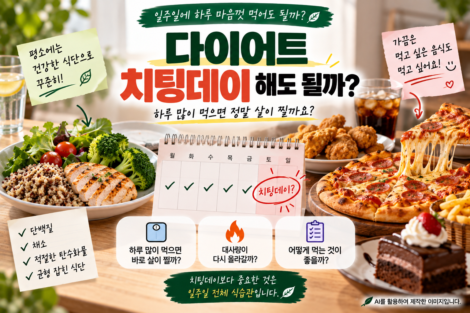다이어트 치팅데이와 평소 식단을 비교하고 올바른 치팅데이 방법을 설명하는 이미지
