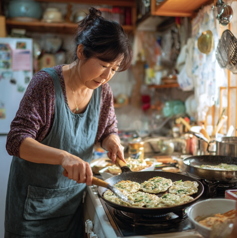 깻잎전 조리중인 주방모습