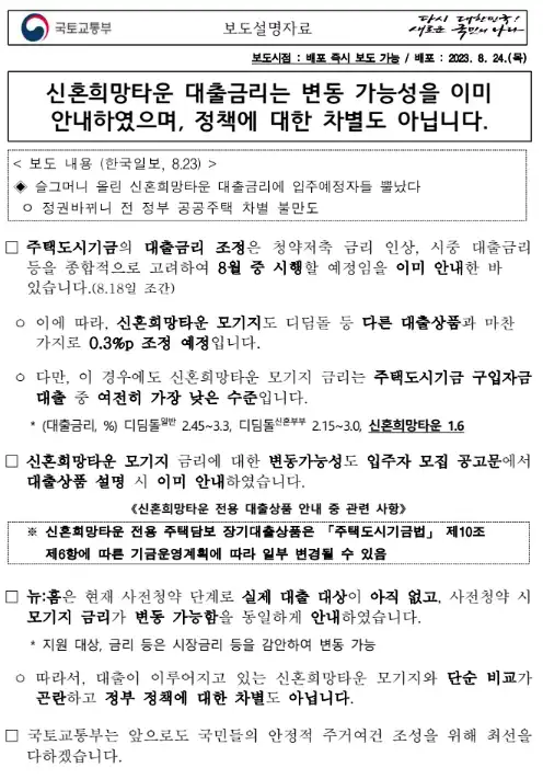 신혼희망타운 대출금리 상승 보도자료