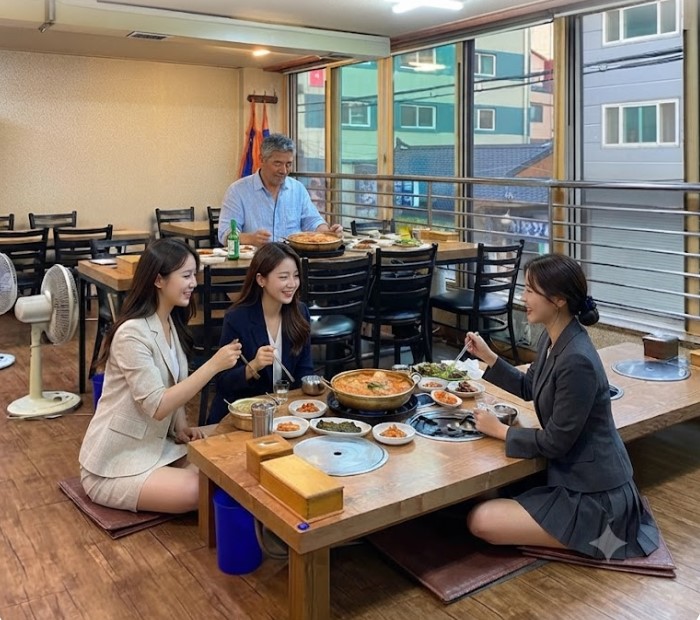 혼자 느긋하게 김치찌개로 혼밥을 즐기고 있는 50대 퇴직남