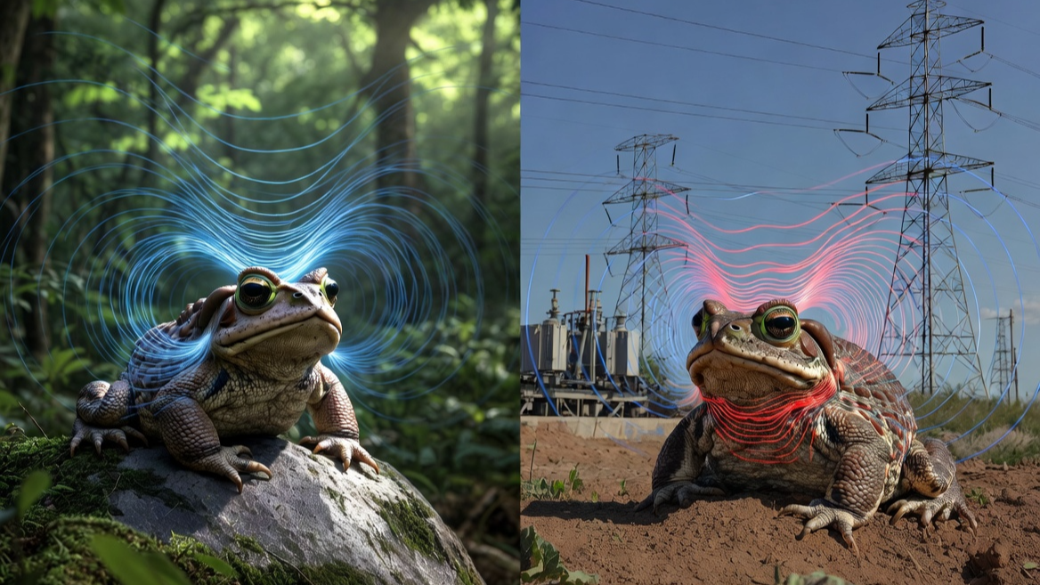 고압선과 전자파가 두꺼비의 자기장 감각을 교란하는 모습