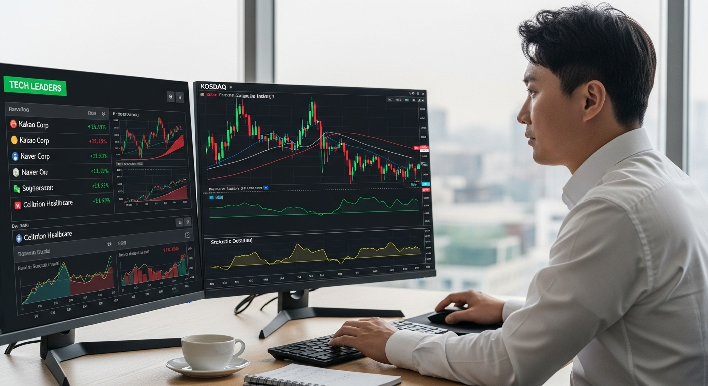 코스닥 시장과 성장주 흐름을 분석하는 한국 중급 투자자의 모습