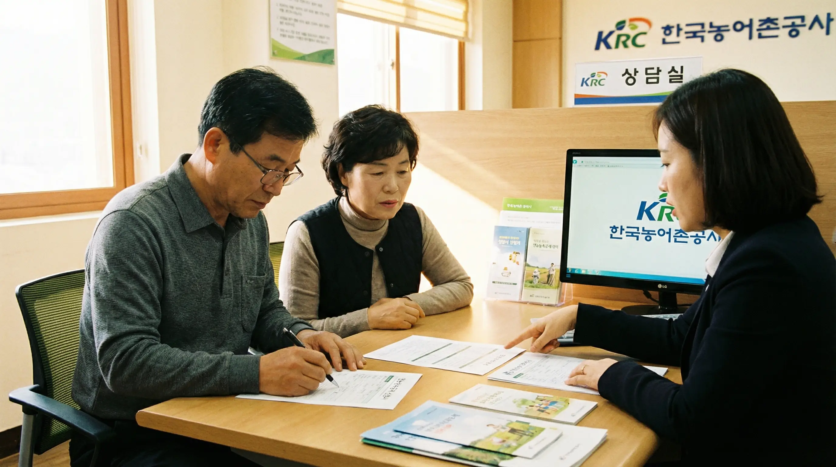 한국인 50대 부부가 한국농어촌공사 상담실에서 영농상속공제 신청서와 영농계획서를 작성하며 담당 직원과 상담받는 진지한 장면