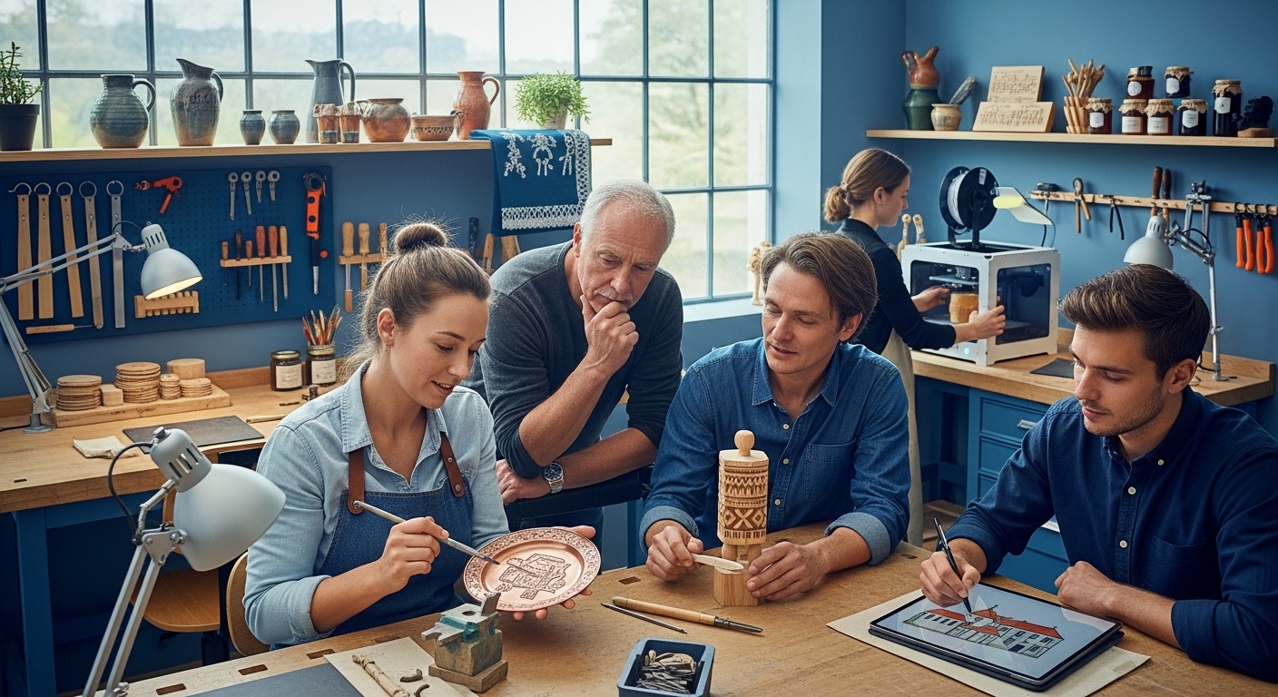 지역 특화 산업에서 협력하는 사람들과 지역 제품을 보여주는 이미지