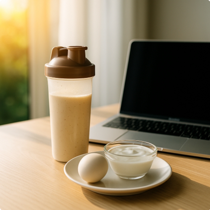 아침 햇살 아래 나무 식탁 위에 단백질 쉐이크, 삶은 달걀, 그릭요거트, 노트북이 함께 놓여 있는 장면.