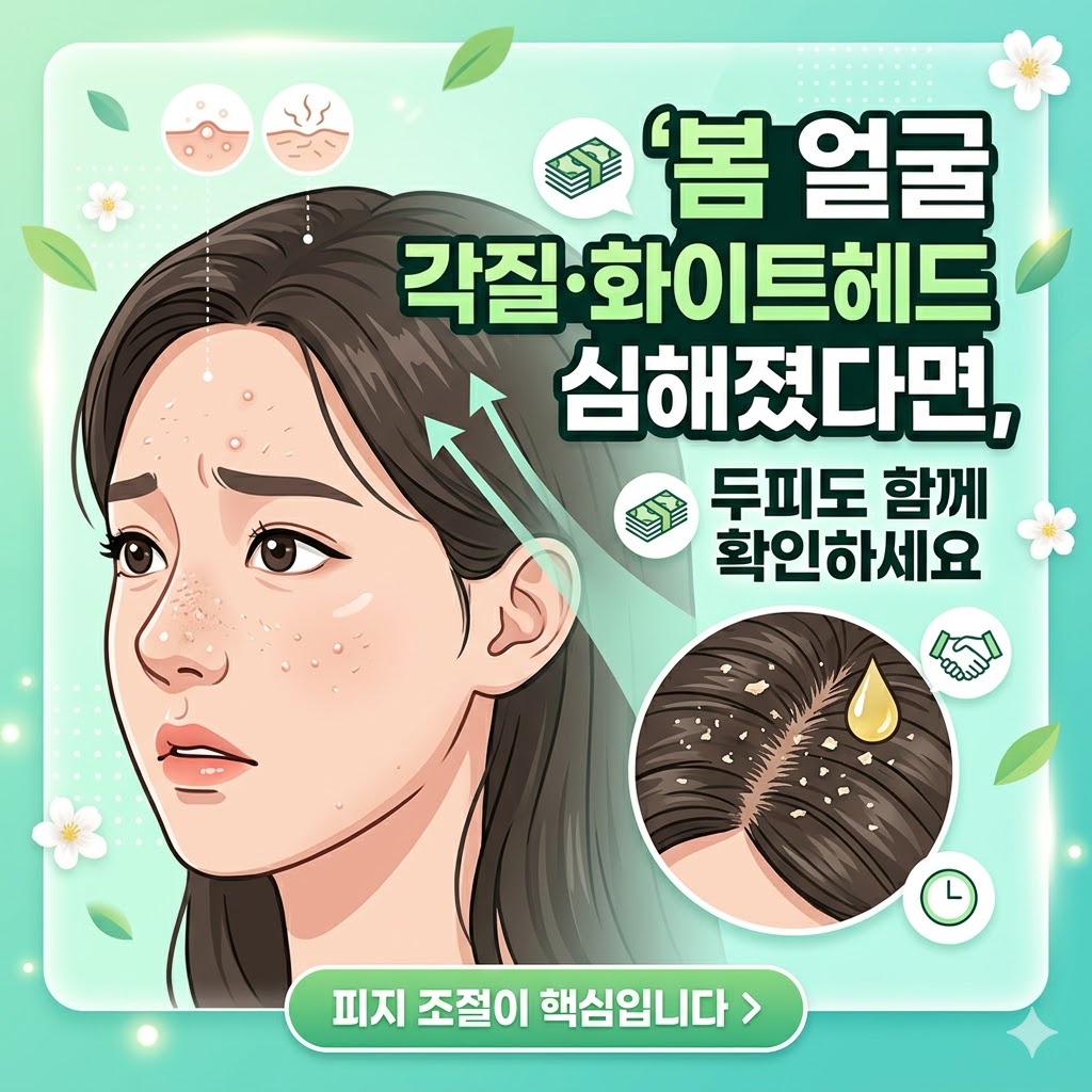봄철 따뜻한 햇살 아래, 손으로 얼굴 피부를 만지며 각질과 화이트헤드 고민을 하는 여성의 클로즈업 사진. 얼굴 옆으로 두피의 피지와 각질을 확대한 작은 원형 클로즈업 사진이 함께 배치되어 있습니다. 배경에는 벚꽃잎이 흩날리며 '봄 얼굴 각질·화이트헤드 심해졌다면,'과 '두피도 같이 확인하세요'라는 텍스트가 명확하게 적혀 있습니다.