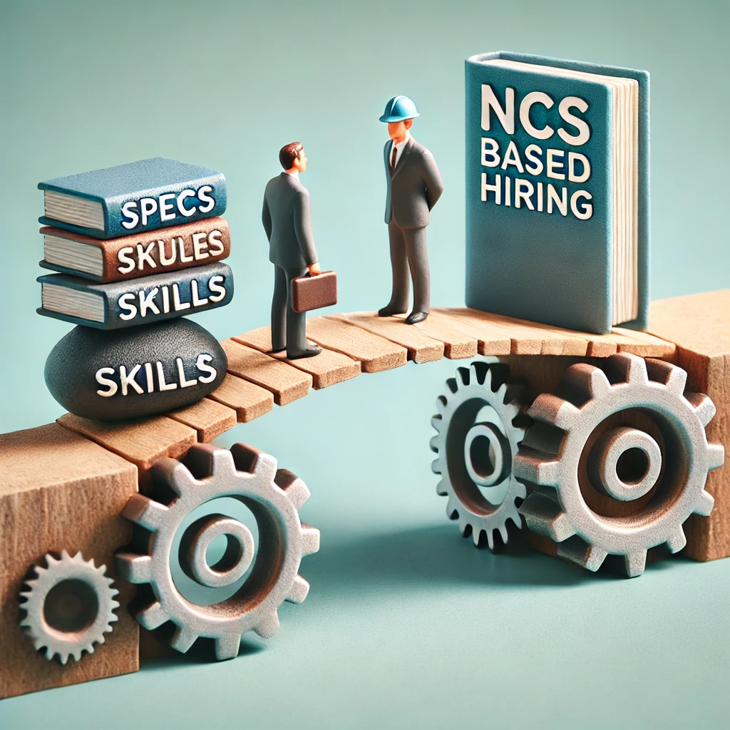 NCS 채용의 상징: 스펙과 실력을 잇는 다리 위에서 NCS 책을 들고 있는 인물들