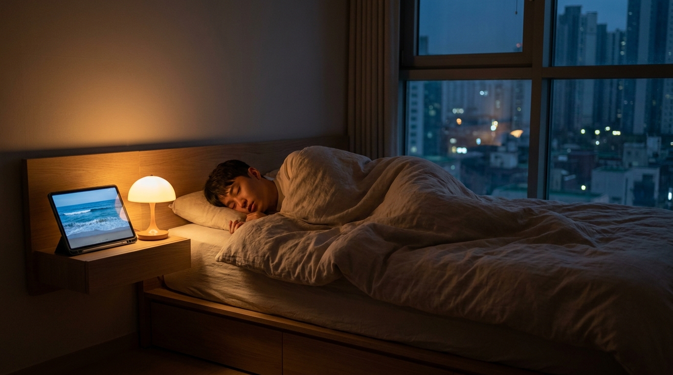 침대에 누워 파도 소리 ASMR을 듣는 한국인 남성