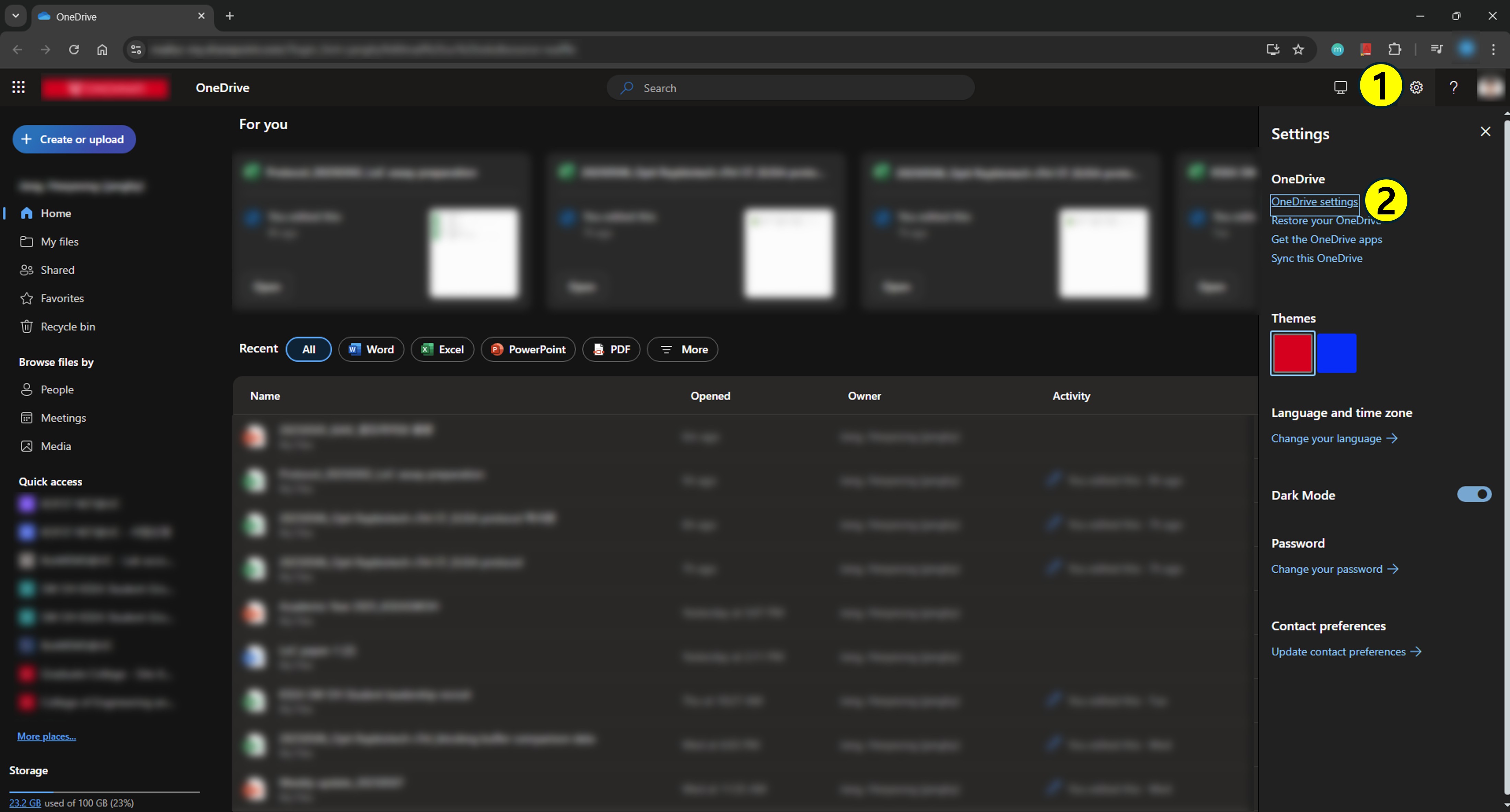 Onedrive 웹페이지에서 환경설정에 들어가는 방법