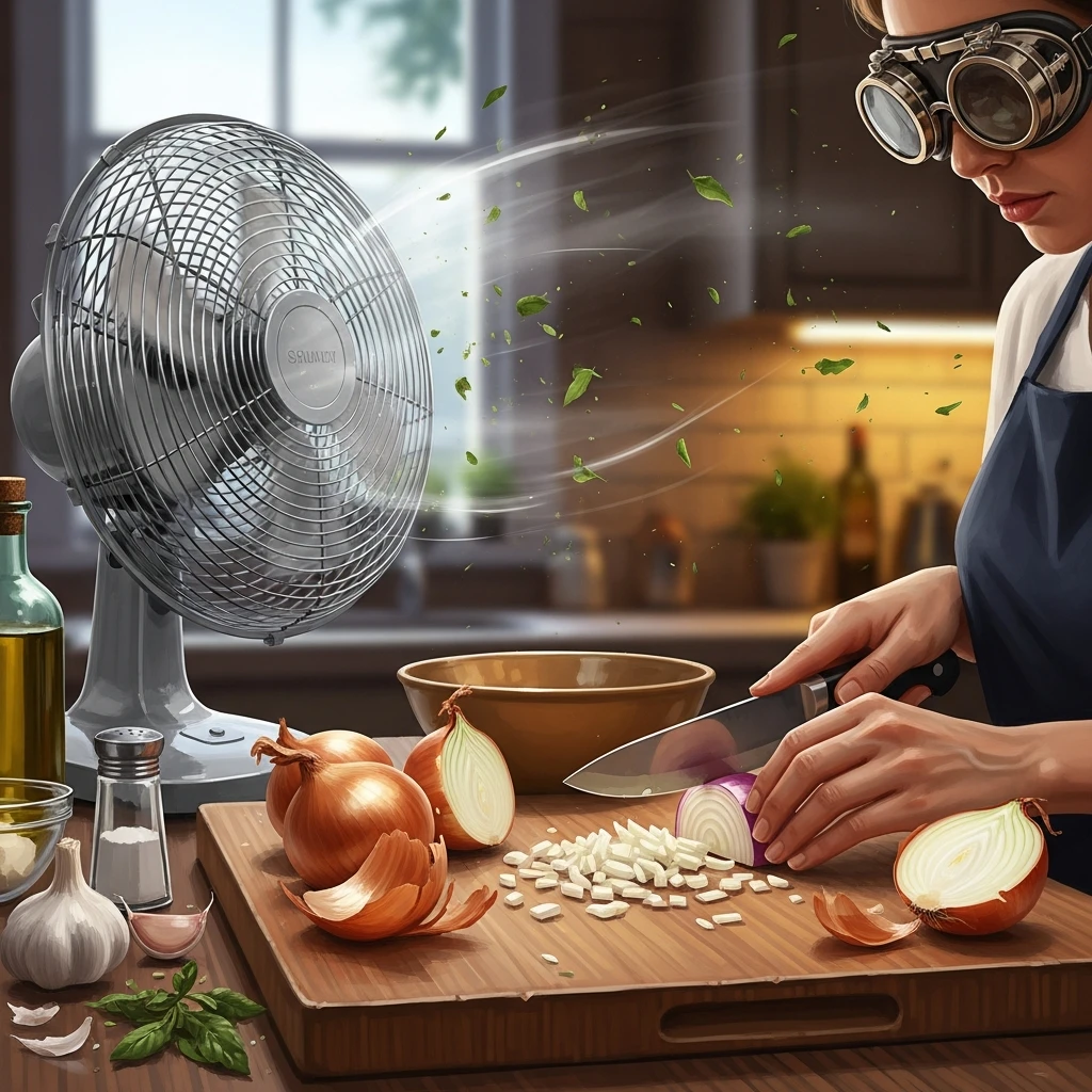 고글과 선풍기로 양파 손질
