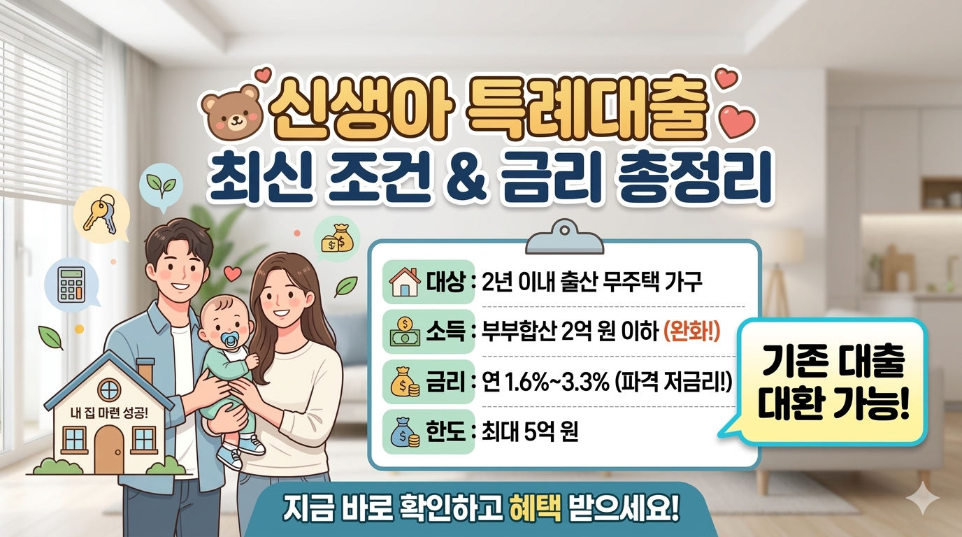 신생아 특례대출의 최신 조건과 금리를 정리한 요약표. 2년 이내 출산 가구 대상, 부부합산 소득 2억 원 이하, 금리 연 1.6%~3.3%, 기존 대출 대환 가능 등의 내용과 행복한 가족 일러스트가 포함된 썸네일.