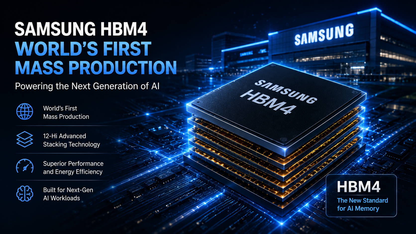 Samsung HBM4 memory chip representing the world's first mass production of next-generation AI memory technology for high-performance computing and data centers.