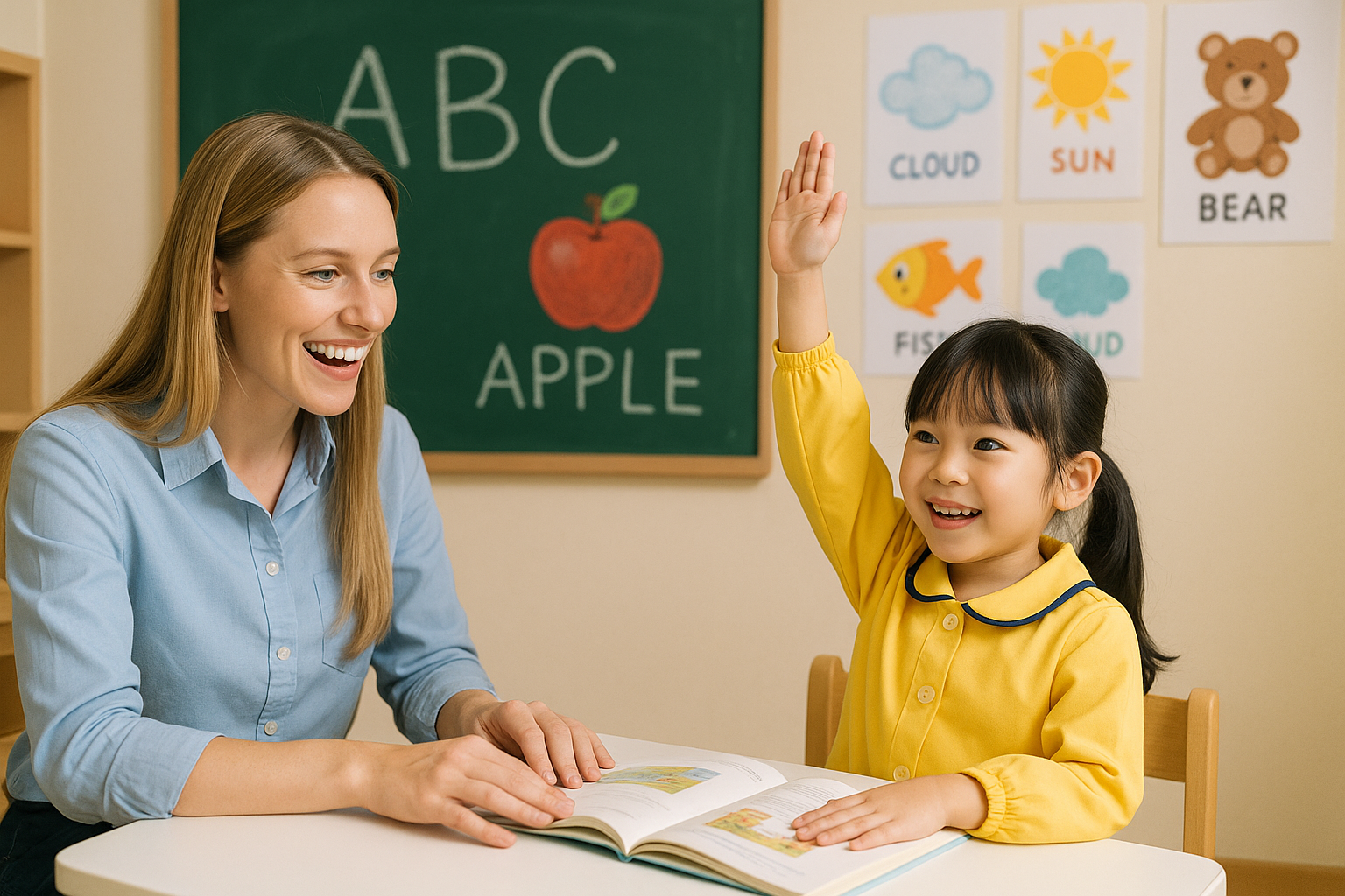 원어민 선생님과 아이가 공부하고 있는 모습