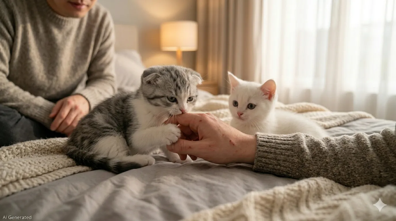 집사의 손을 살짝 물며 장난치는 회색 무늬 스코티쉬폴드와 이를 지켜보는 하얀색 먼치킨 고양이