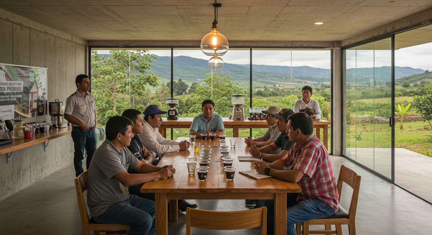 페셜티 커피 생산자와 협동조합이 공정무역 프리미엄을 논의하는 회의 장면