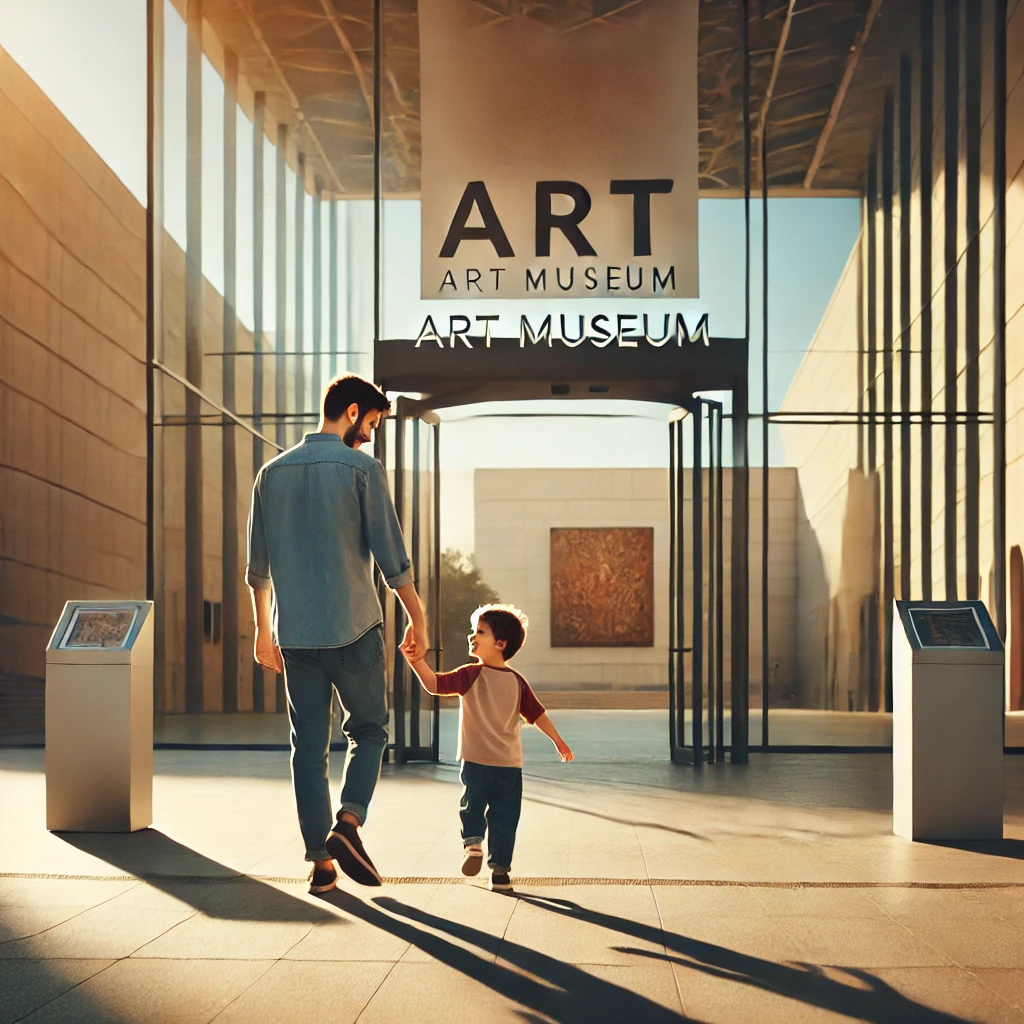 아이가 부모 손을 잡고 미술관에 입장하는 모습