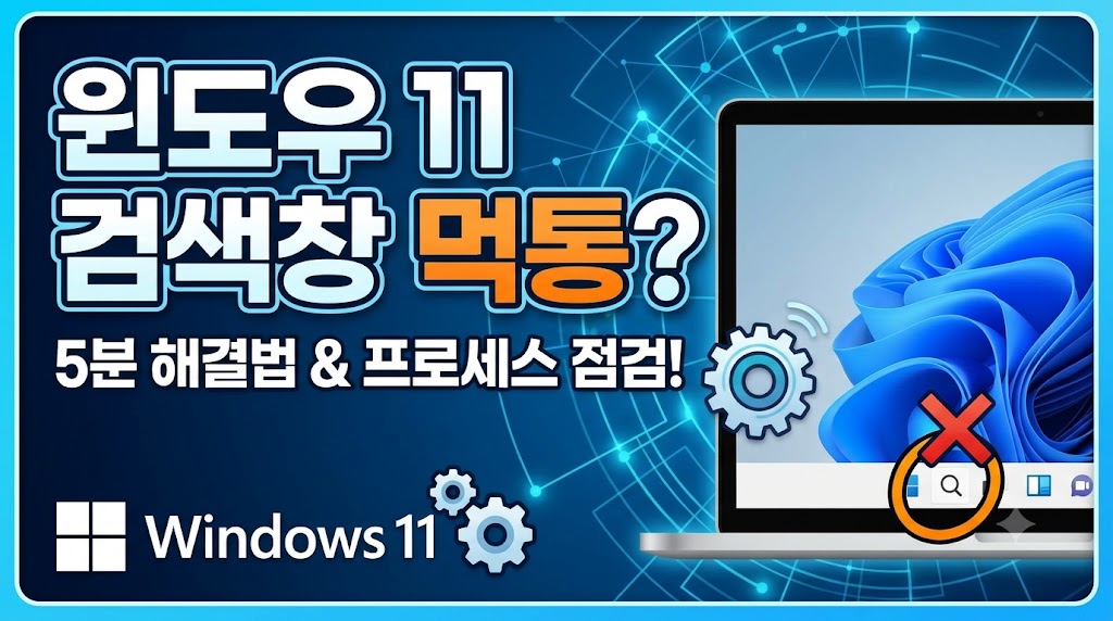 윈도우 11 작업표시줄 검색 아이콘 클릭 시 반응이 없거나 멈추는 오류 화면