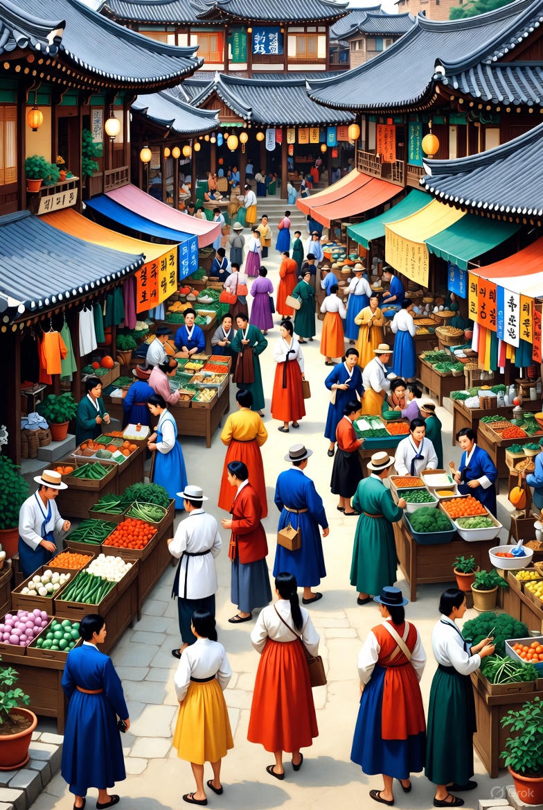 구매자와 판매자가 경쟁하는 활기찬 전통 시장 장면