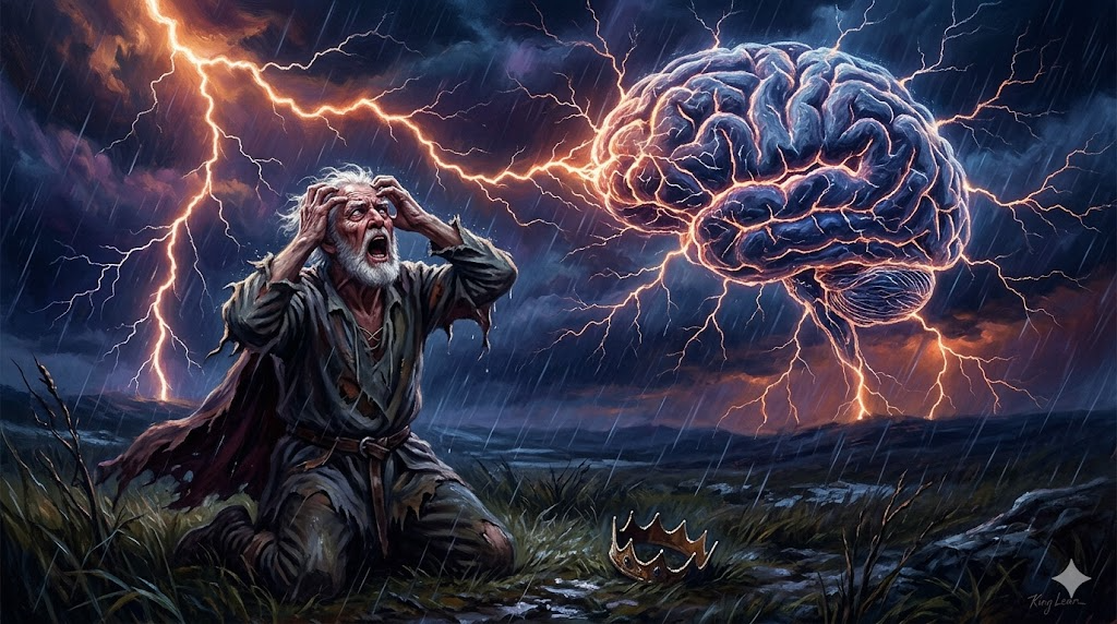 셰익스피어 비극 리어왕의 인격 소멸과 치매 증상을 상징적으로 묘사한 드라마틱한 썸네일 이미지