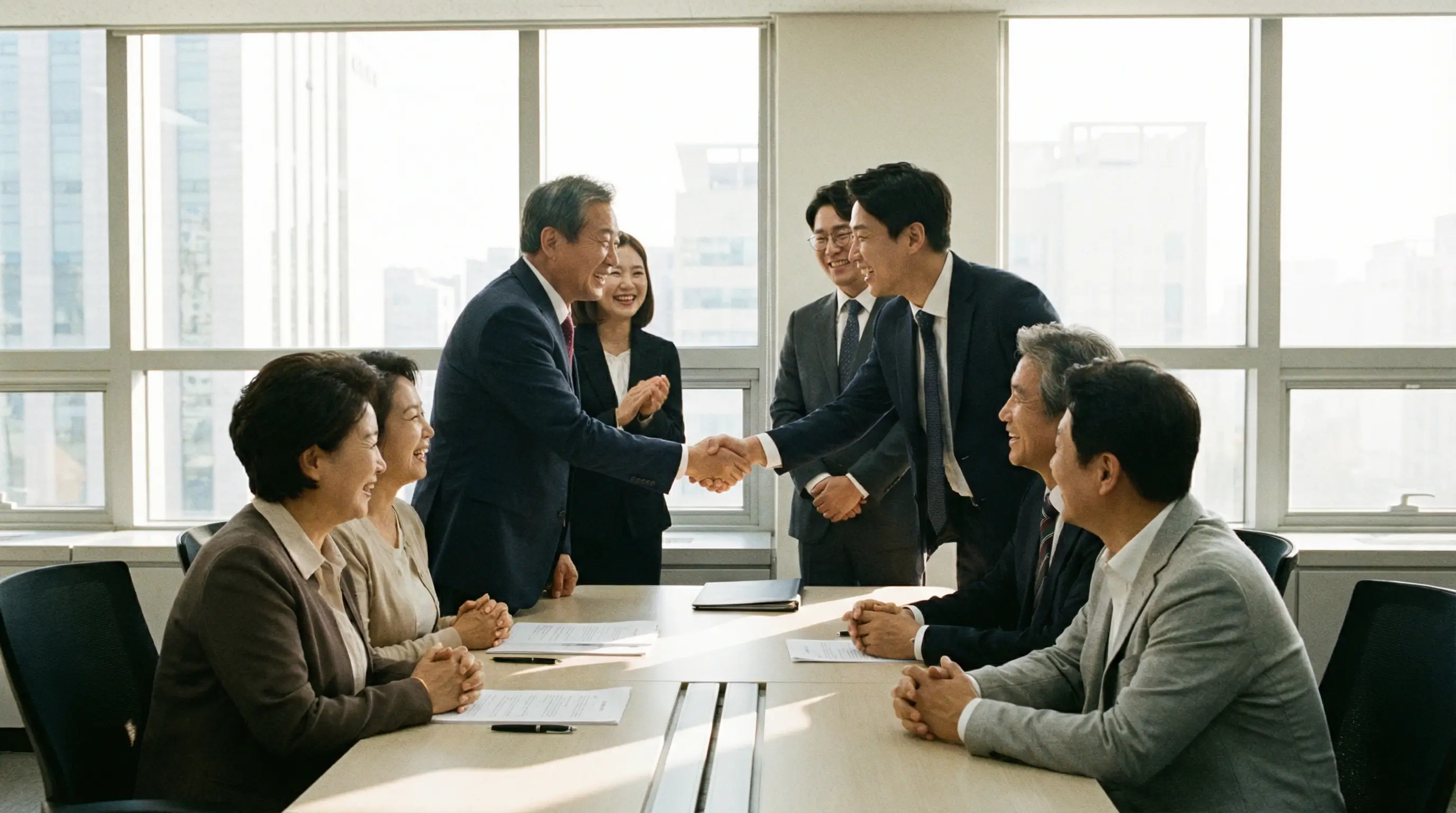 한국인 가족이 변호사 사무실에서 상속 분쟁 해결 후 서로 악수하며 화해하는 밝은 분위기의 모습