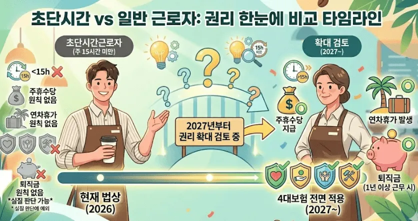 초단시간근로자: 왼쪽의 초단시간근로자와 오른쪽의 일반 근로자 권리를 타임라인으로 비교한 일러스트입니다. 왼쪽(2026년 현재)에는 주휴수당, 연차, 퇴직금이 원칙적으로 없음을 나타내는 X 표시가 있습니다. 반면 오른쪽(2027년 확대 검토)에는 주휴수당, 연차, 4대보험, 퇴직금(1년 이상)이 발생한다는 O 표시와 함께 돈주머니, 여행 가방, 돼지저금통 등 풍성한 아이콘이 그려져 있습니다. 중앙에는 '2027년부터 권리 확대 검토 중'이라는 표지판이 있어 향후 법 개정 방향을 직관적으로 보여줍니다.