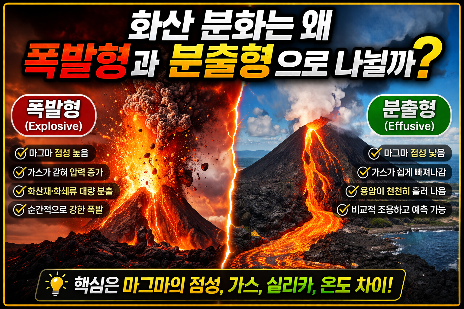 화산 분화는 왜 폭발형과 분출형으로 나뉠까 (마그마 점성 하나로 끝내는 핵심 원리)