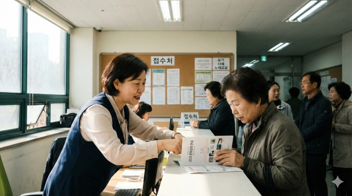 문화센터 접수처에서 중년 여성이 안내 책자를 보여주며 방문객에게 친절하게 설명하는 모습, 노후 일자리 상담 안내 업무