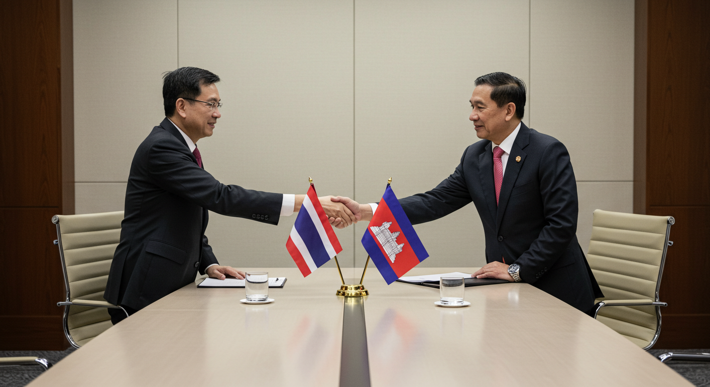 태국과 캄보디아 외교관의 회담 중 악수 장면