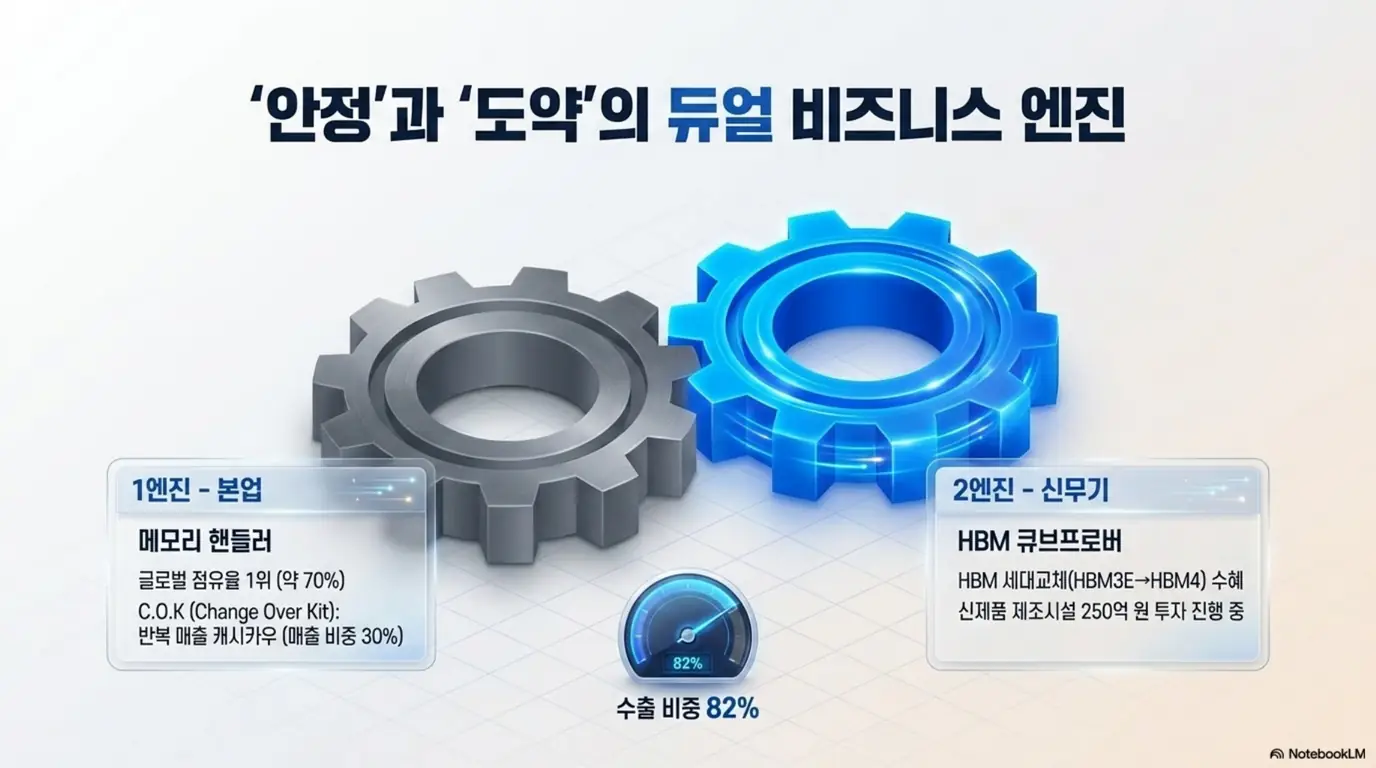 테크윙 주가 전망: 테크윙의 안정과 도약을 잇는 듀얼 비즈니스 엔진을 정리한 이미지. 본업인 메모리 핸들러 세계 1위(점유율 약 70%)와 반복 매출 캐시카우 C.O.K&amp;#44; 신무기 HBM 큐브프로버&amp;#44; 수출 비중 82%를 시각적으로 전달하며&amp;#44; 테크윙 사업 구조 주제를 설명함
