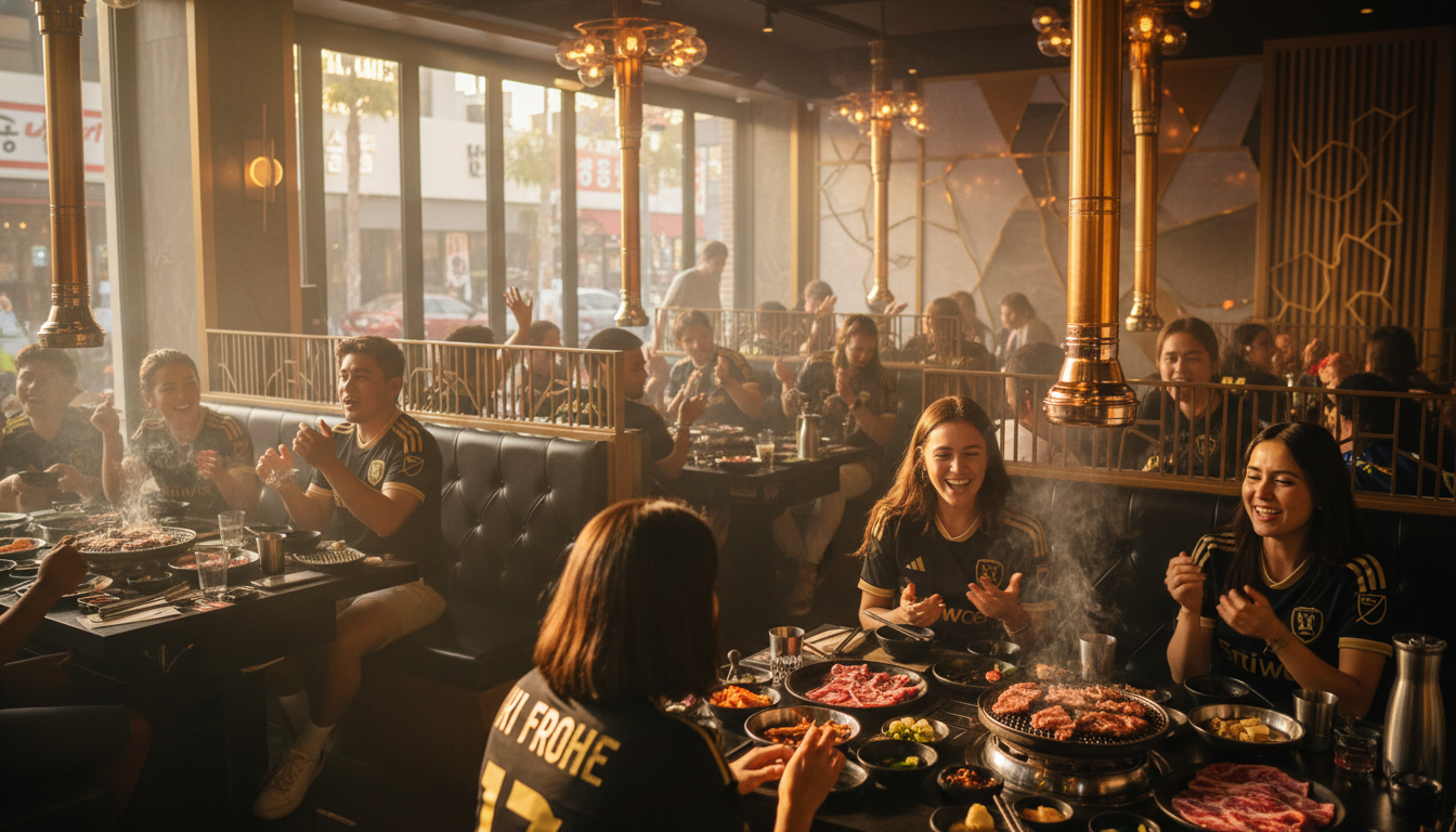 로스앤젤레스 한인타운에 위치한 세련되고 북적이는 고급 한국 고깃집, 검은색과 금색이 섞인 축구 유니폼을 입은 활기찬 사람들로 가득 찬 모습, 생동감 넘치는 시네마틱 조명, 분위기에 초점을 맞춘 사진.