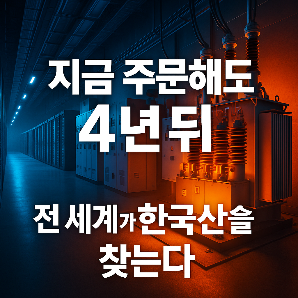 &quot;데이터센터 전력실 배경에 한국산 전력장비 수요 폭증을 상징하는 강렬한 썸네일 디자인, '지금 주문해도 4년 뒤, 전 세계가 한국산을 찾는다'라는 문구가 강조된 이미지&quot;