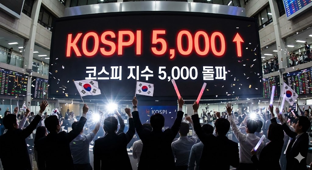태극기가 펄럭이는 대한민국 증권 거래소 전광판에 'KOSPI 5,000'이라는 붉은 숫자가 빛나고, 환호하는 투자자들의 희망찬 모습
