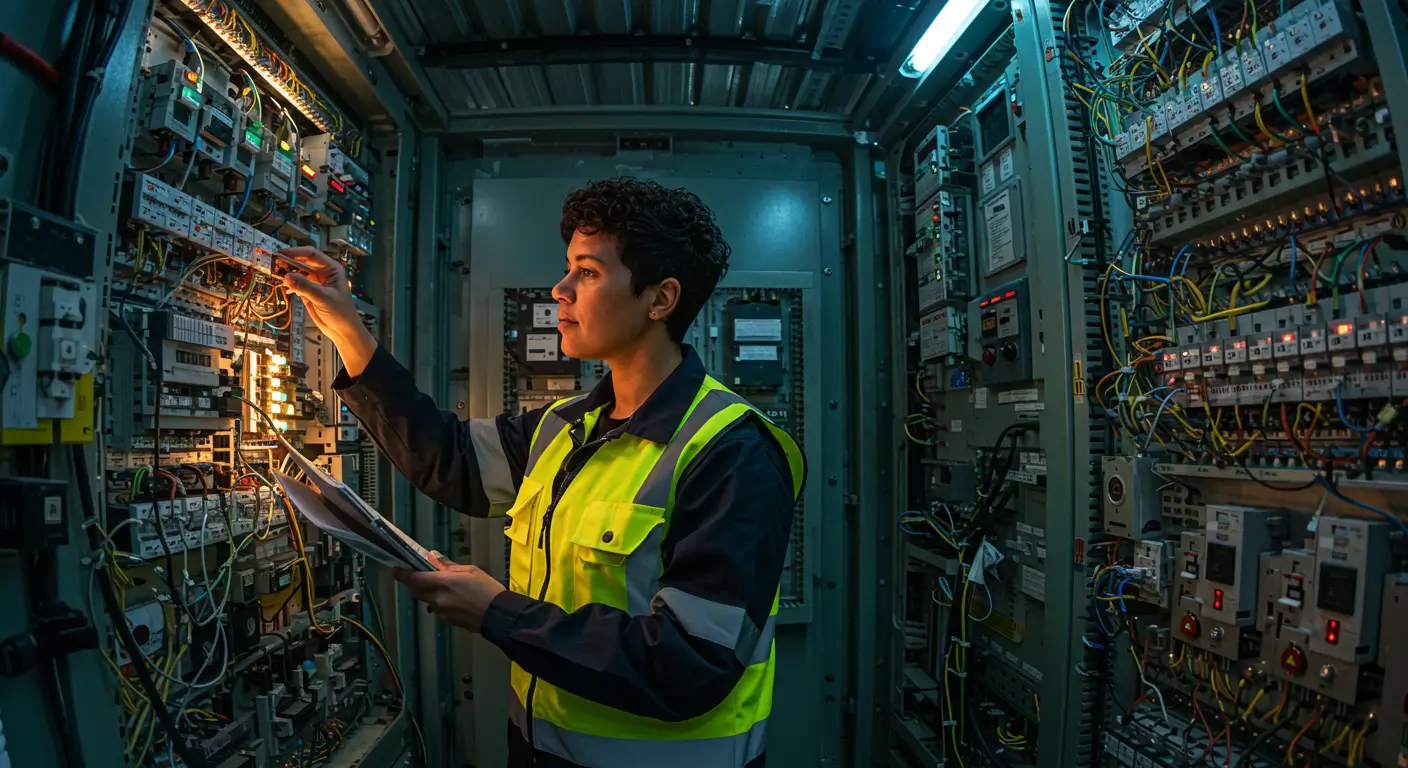 안전모와 안전 조끼를 착용한 전문 전기 기술자가, 전선과 빛나는 조명으로 가득한 복잡한 산업용 제어판을 신중하게 검사하는 사진