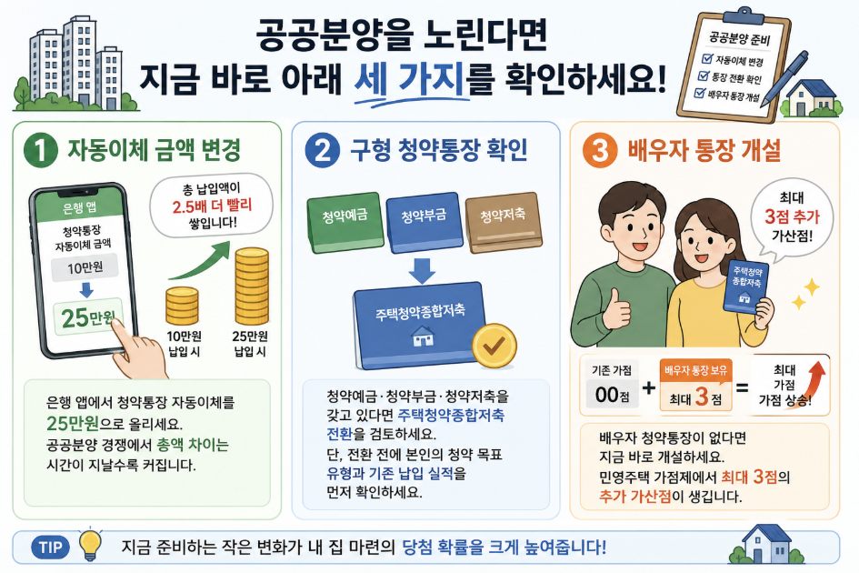 공공분양 당첨 준비 체크리스트, 청약통장 자동이체 금액 25만원 상향, 청약예금 청약부금 청약저축 주택청약종합저축 전환 방법, 배우자 청약통장 개설 시 민영주택 가점 최대 3점 추가 설명