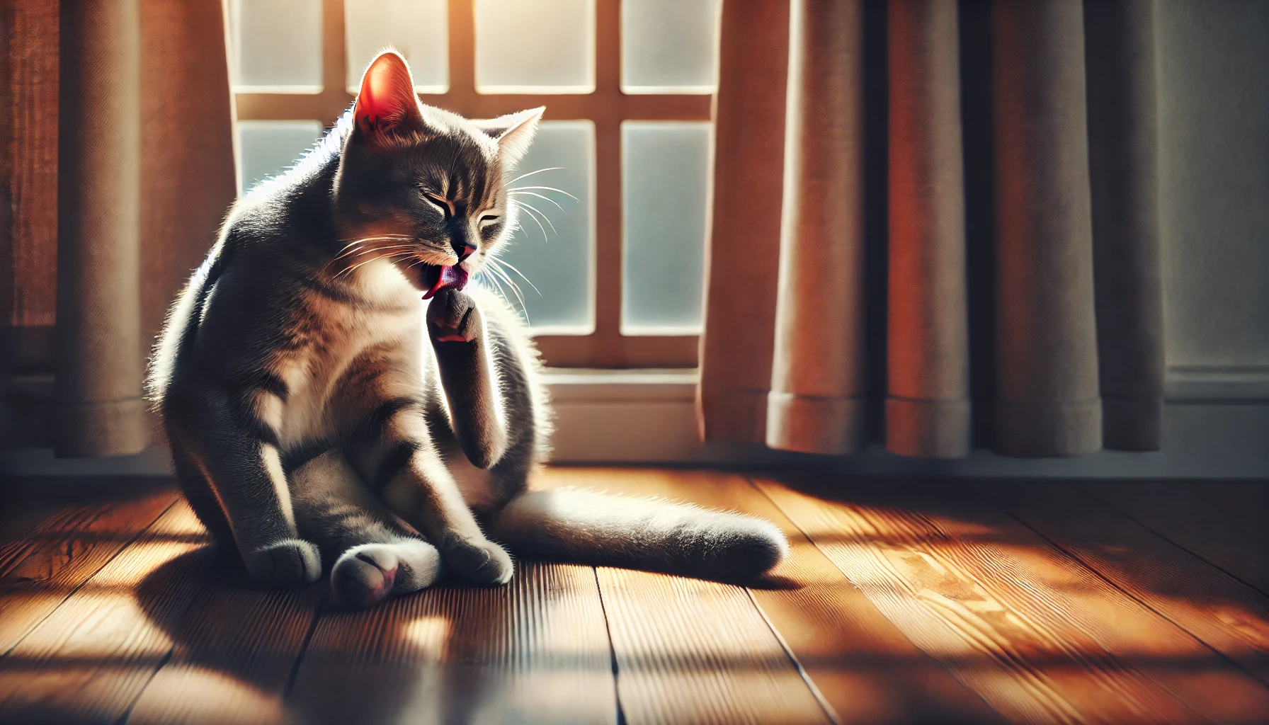 고양이가 따뜻한 햇살이 내리쬐는 창가에 앉아 그루밍 하고있는 모습