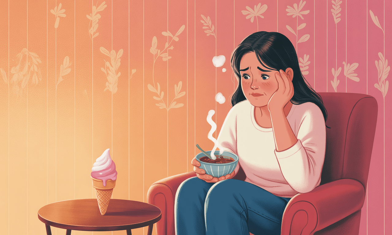 20대-여성-장염-원인-아이스크림과-따뜻한차를-보고있는-모습