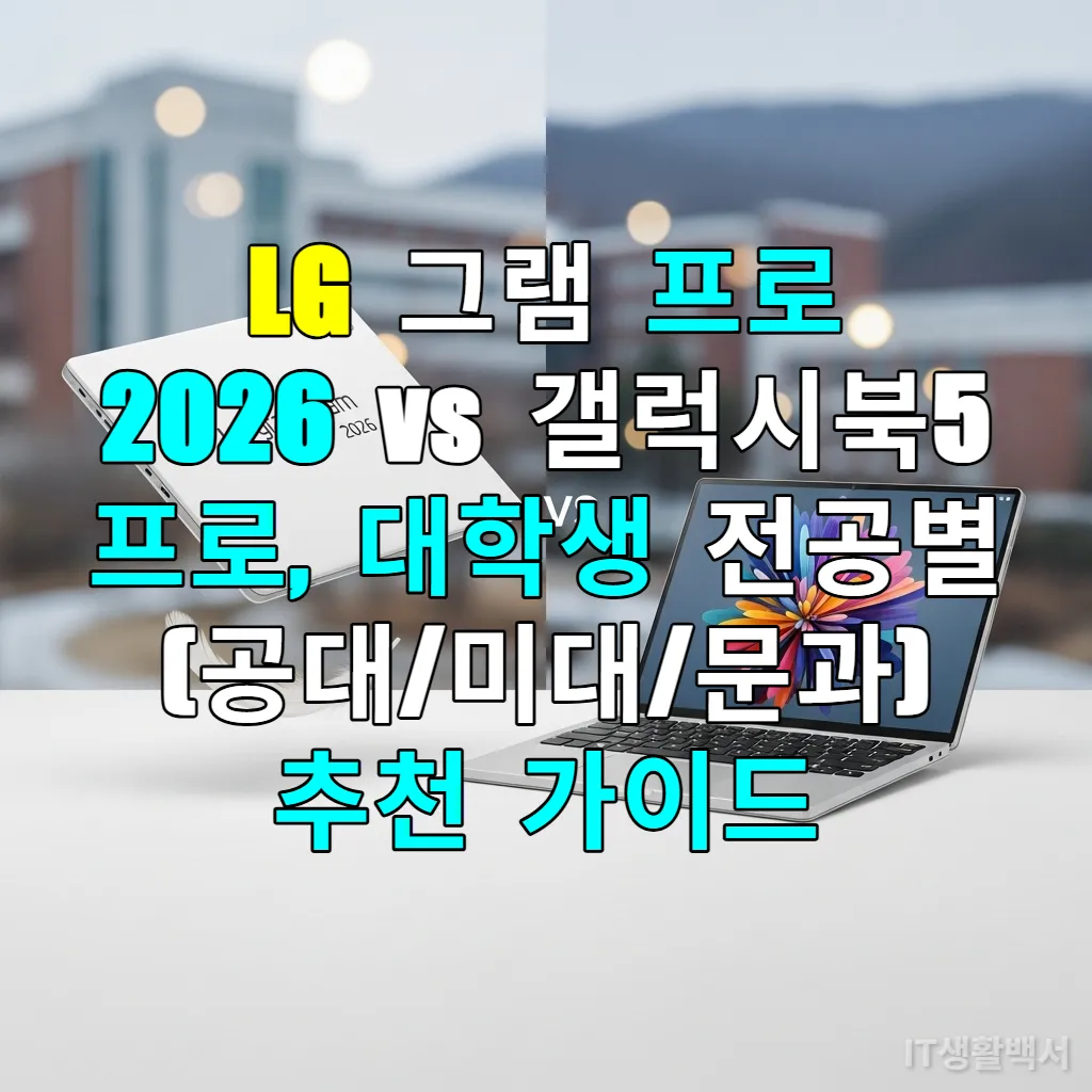 LG 그램 프로 2026과 삼성 갤럭시북5 프로가 한국 대학 캠퍼스를 배경으로 나란히 비교되는 모습