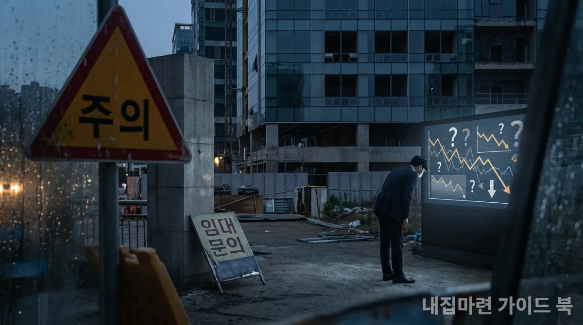 한국 지식산업센터 투자의 위험성을 상징하는 이미지, 공실과 주의 표지판이 보임