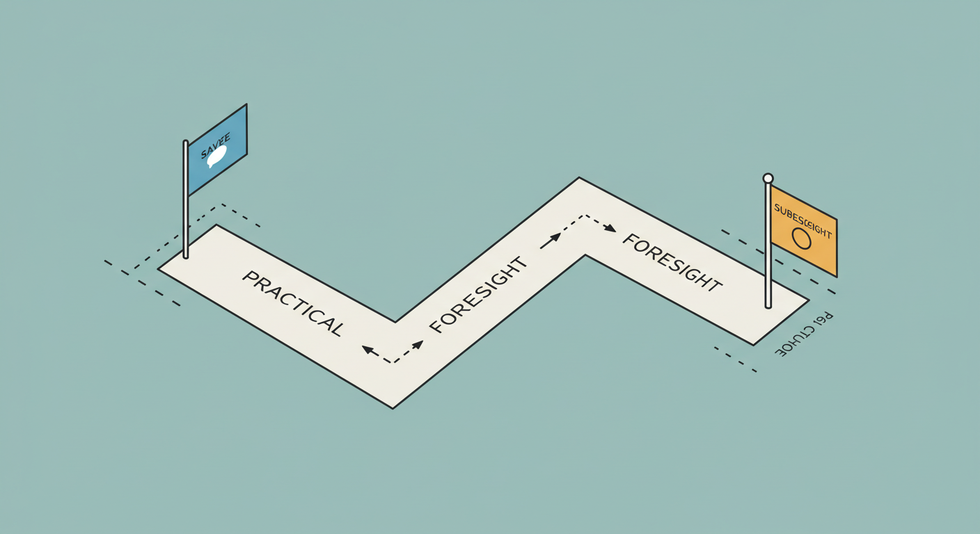 실용 톤과 전망 톤을 상징하는 두 갈래 트랙이 각기 다른 목표 깃발로 향하는 심벌릭 이미지