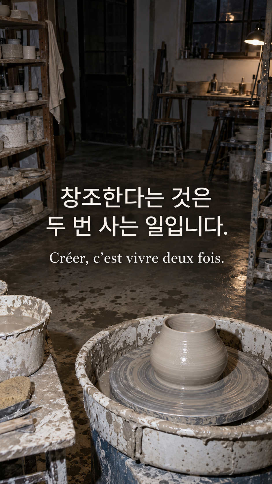 창조로 다시 살아 보기 &mdash; 물레 위 도자기가 놓인 빈 공방