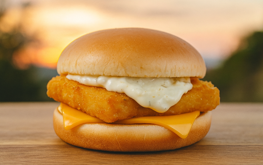 은은한 석양 배경 아래 나무 테이블 위에 놓인 바삭한 생선버거 이미지