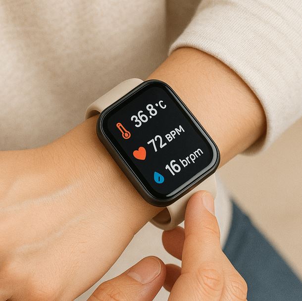 스마트워치로 체온, 맥박, 호흡 등의 건강상태를 체크하고 있다