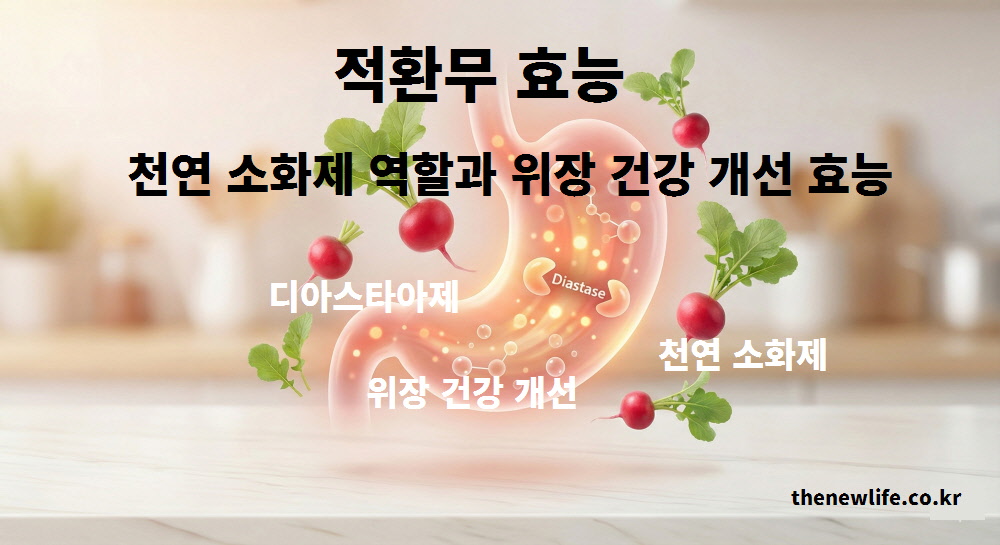 적환무가 천연 소화제 역할을 하여 위장 건강을 개선하는 효능을 시각화한 이미지. 디아스타아제 효소가 탄수화물을 분해하여 속을 편안하게 만드는 과정을 표현함.